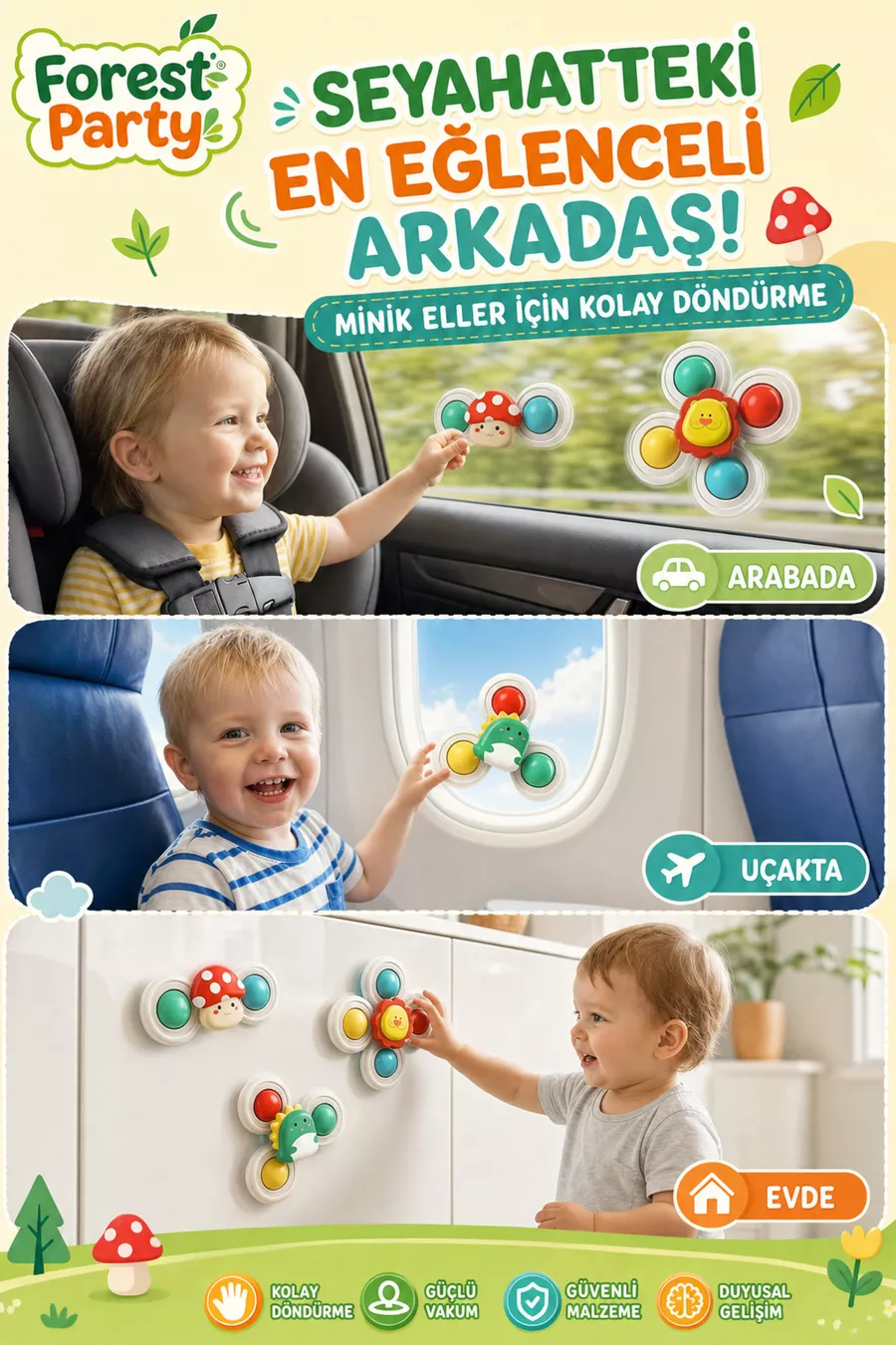 Toupie tournante à aspiration pour bébé par lot de 3 : Jouet animal en ABS à combinaison libre, soutenant le développement sensoriel