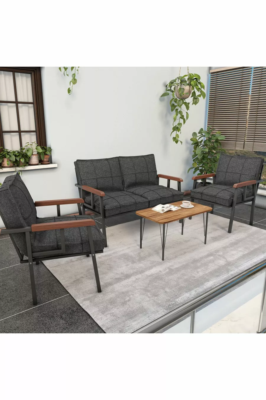 Série "Modern" Balcon, Jardin, Café - Ensemble Canapé en Métal 2 1 1 avec Table Cadeau - Anthracite