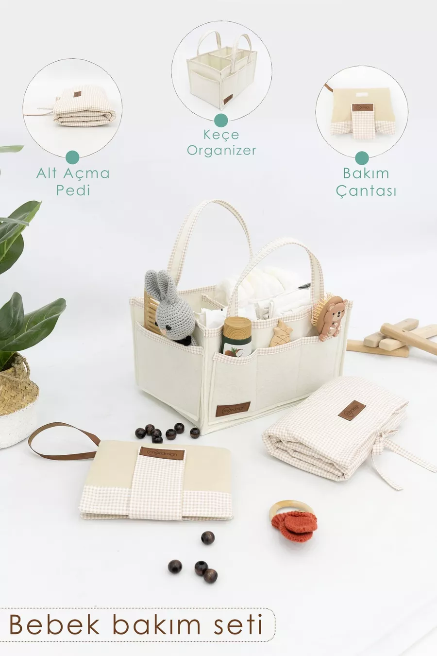 Set de soins pour bébé 3 pièces ; Organisateur maman-bébé en feutre, Tapis à langer imperméable, Sac à couches