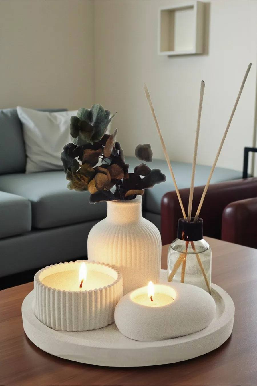Ensemble-cadeau de 5 pièces sur plateau décoratif : Vase, bougie parfumée, porte-bougie tealight, parfum d'ambiance