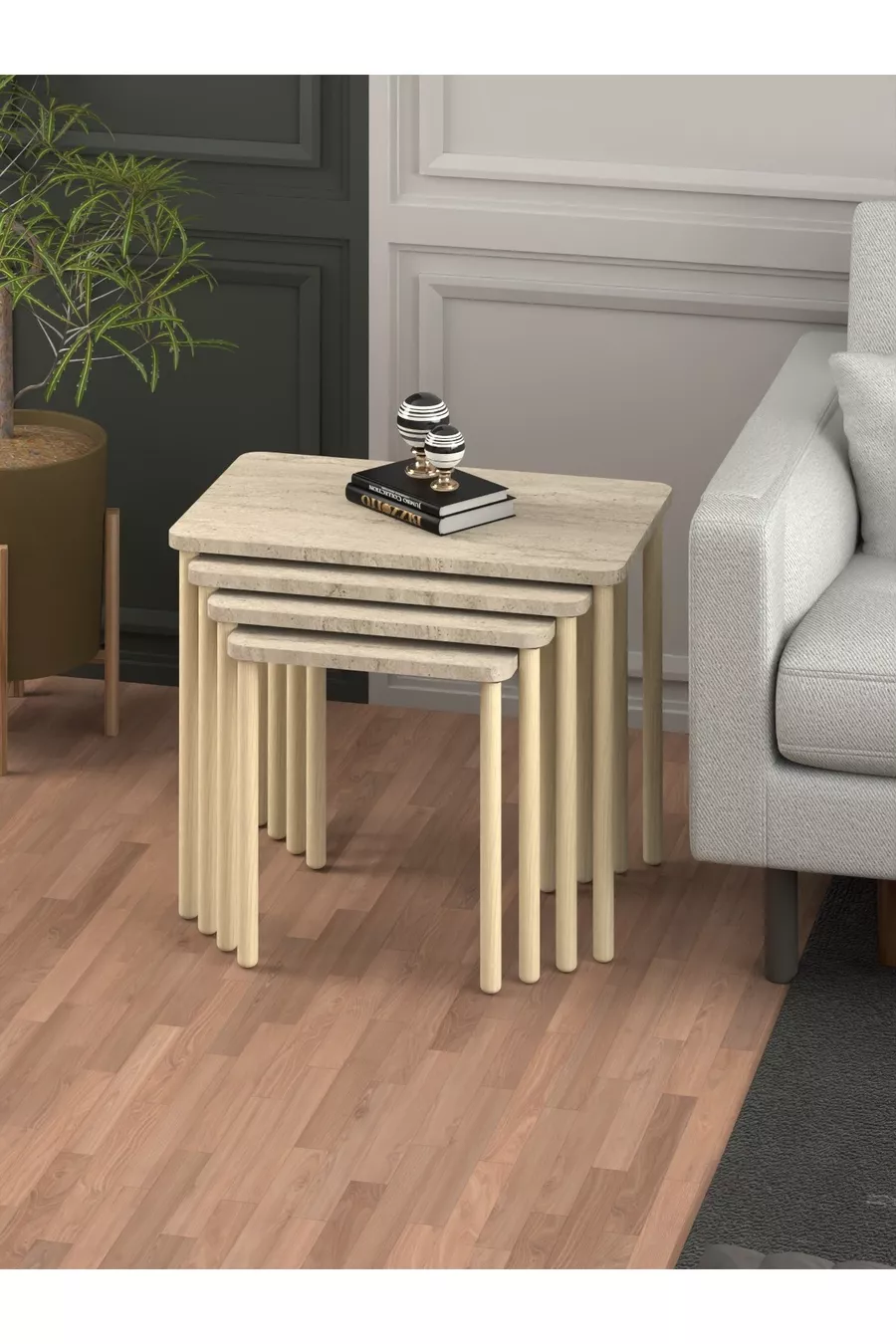 Obim 4 pièces Travertin en bois Empilement Immatriculation - table de thé Table de service Table-salon Table - design moderne