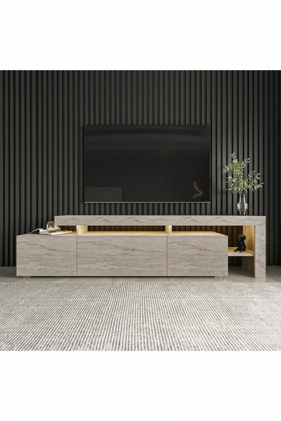 Meuble TV Beliz moderne à LED avec 3 portes et étagères –  cm - Motif travertin