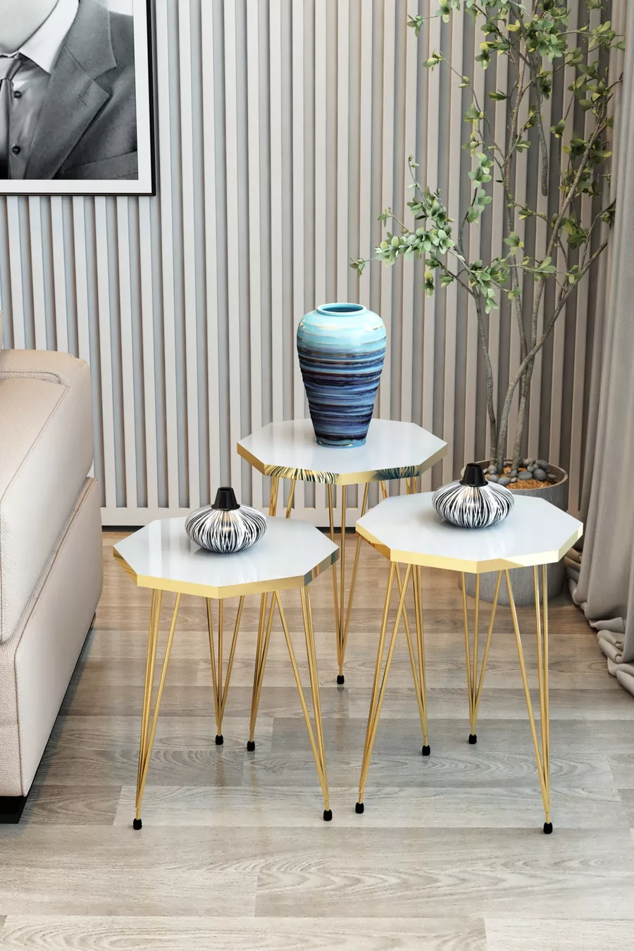 Table d'appoint en lot de 3 série Gold modèle hexagonal table d'appoint pieds en fil métallique