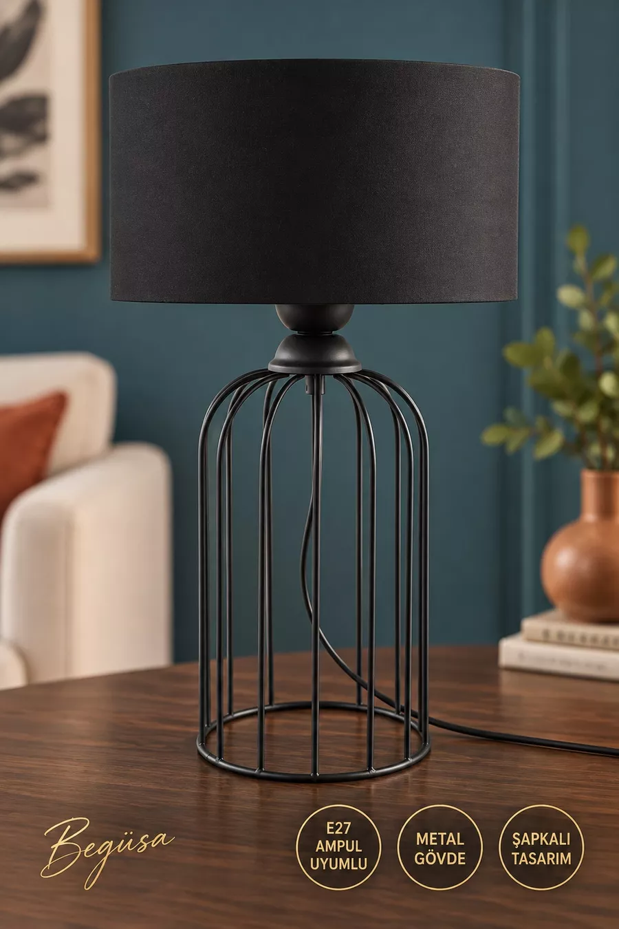 Lampe de table Tema noire avec abat-jour noir, lampe de table décorative, abajour, éclairage sur table d'appoint et chevet, décoration intérieure