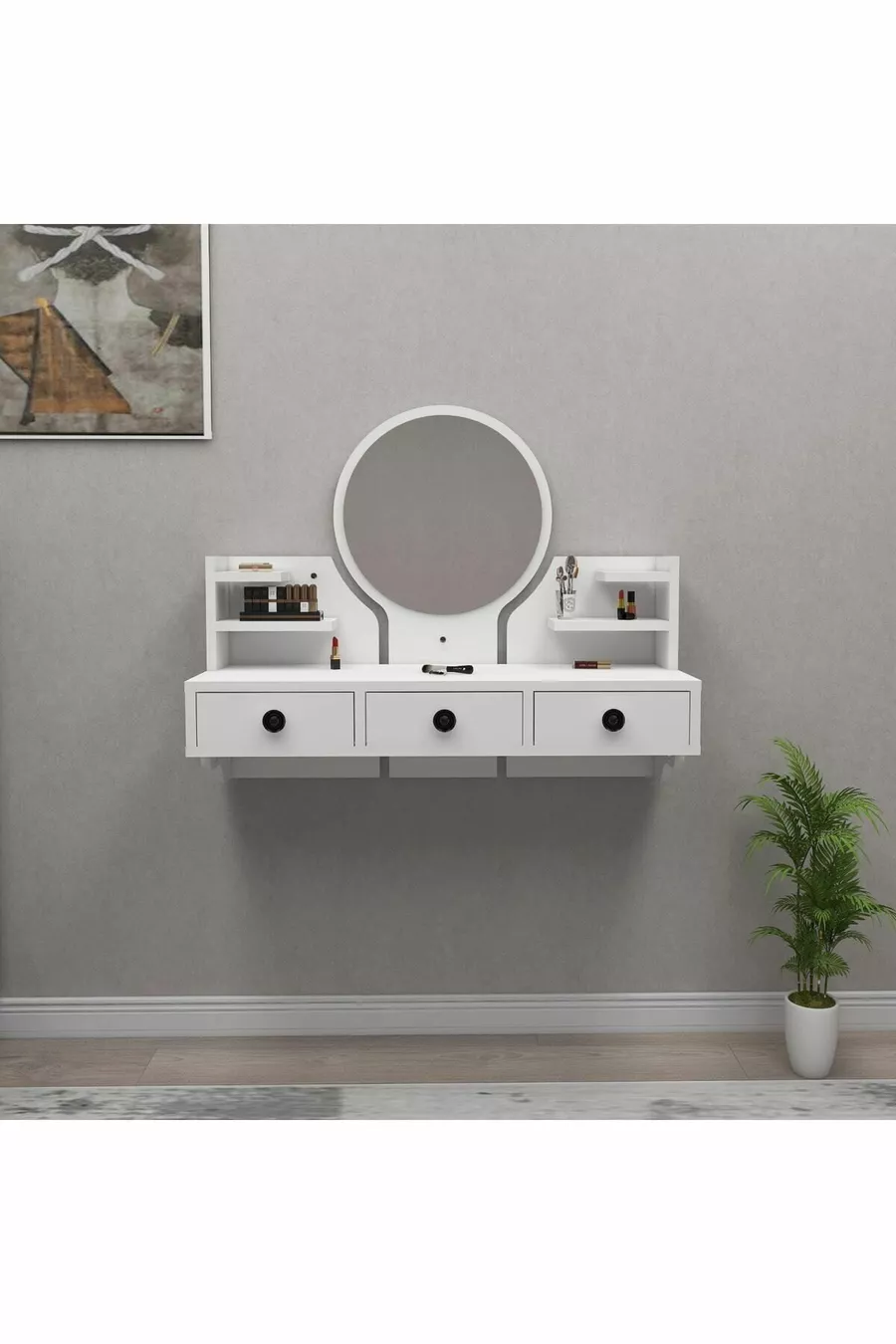 Table de maquillage murale Polina avec miroir, étagères et tiroirs, blanc - Polina