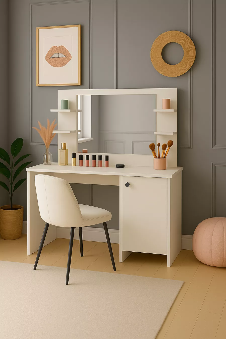 Table de maquillage Lima avec miroir, armoire et 4 étagères, blanche