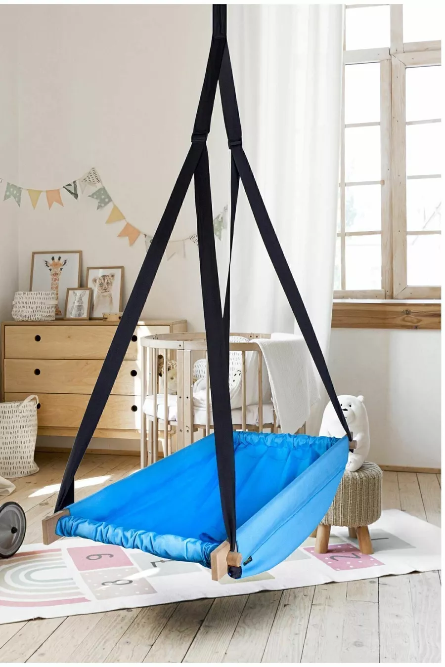 Hamac à ressort en bois bleu Flow Hoppala lit de bébé suspendu au plafond balançoire