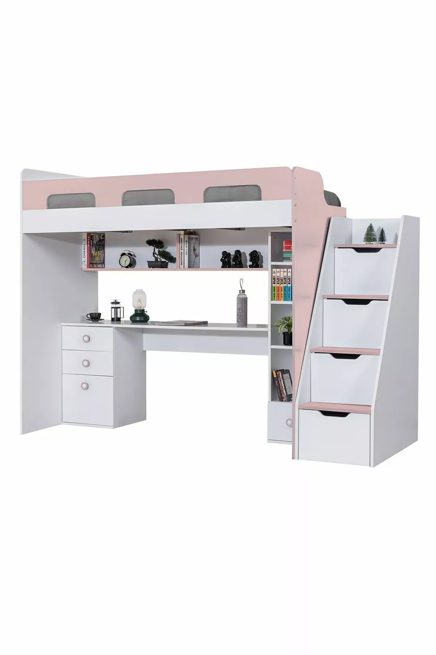 Lits superposés, lit-bureau-bibliothèque Troya - Rose 1 matelas Comfort