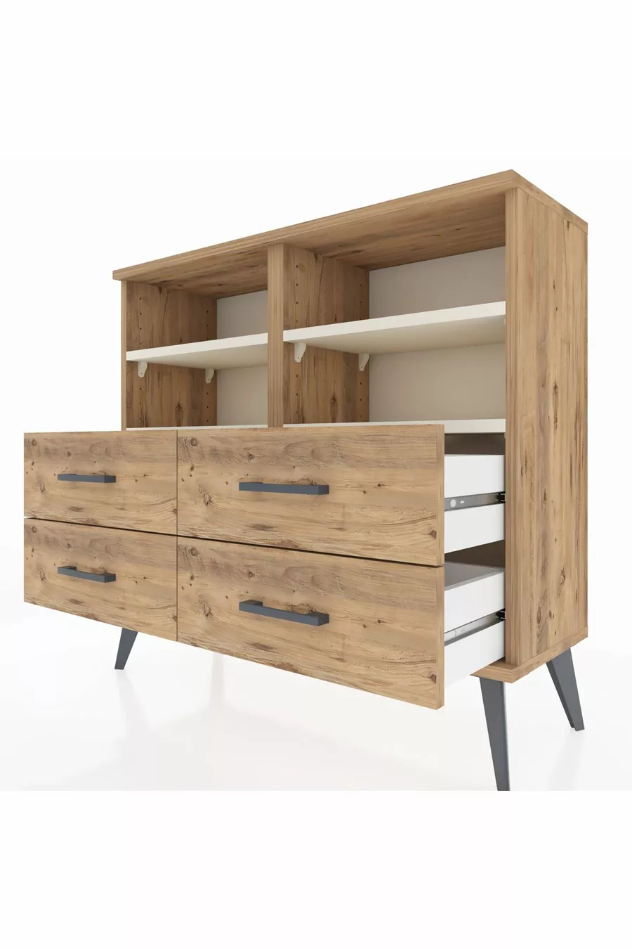 Commode Arges 4 étagères 4 tiroirs Pin-Pierre de Lune/Pin