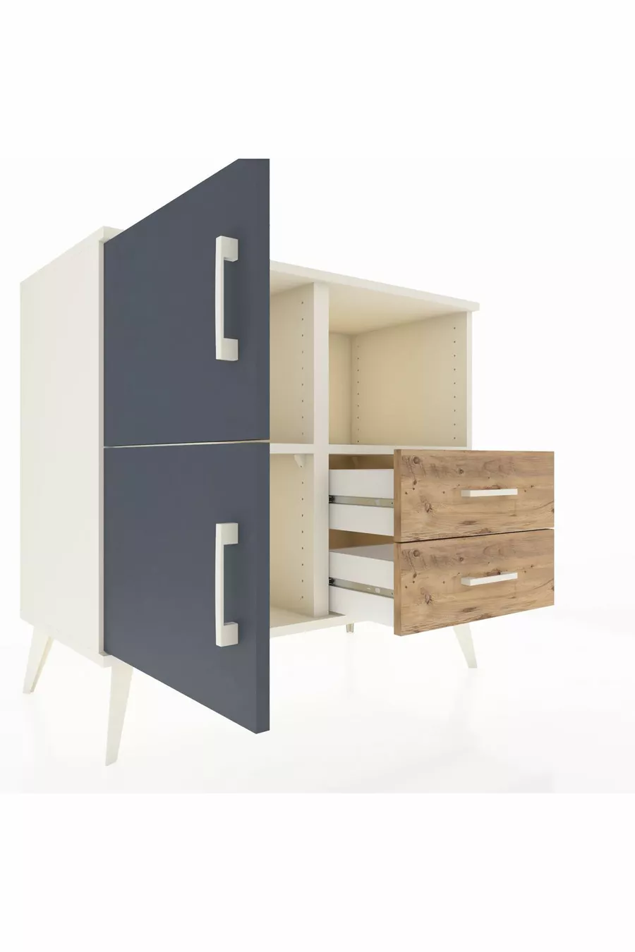 Commode Hyperion 2 étagères 2 tiroirs 2 portes Pierre de lune-Anthracite/Pin