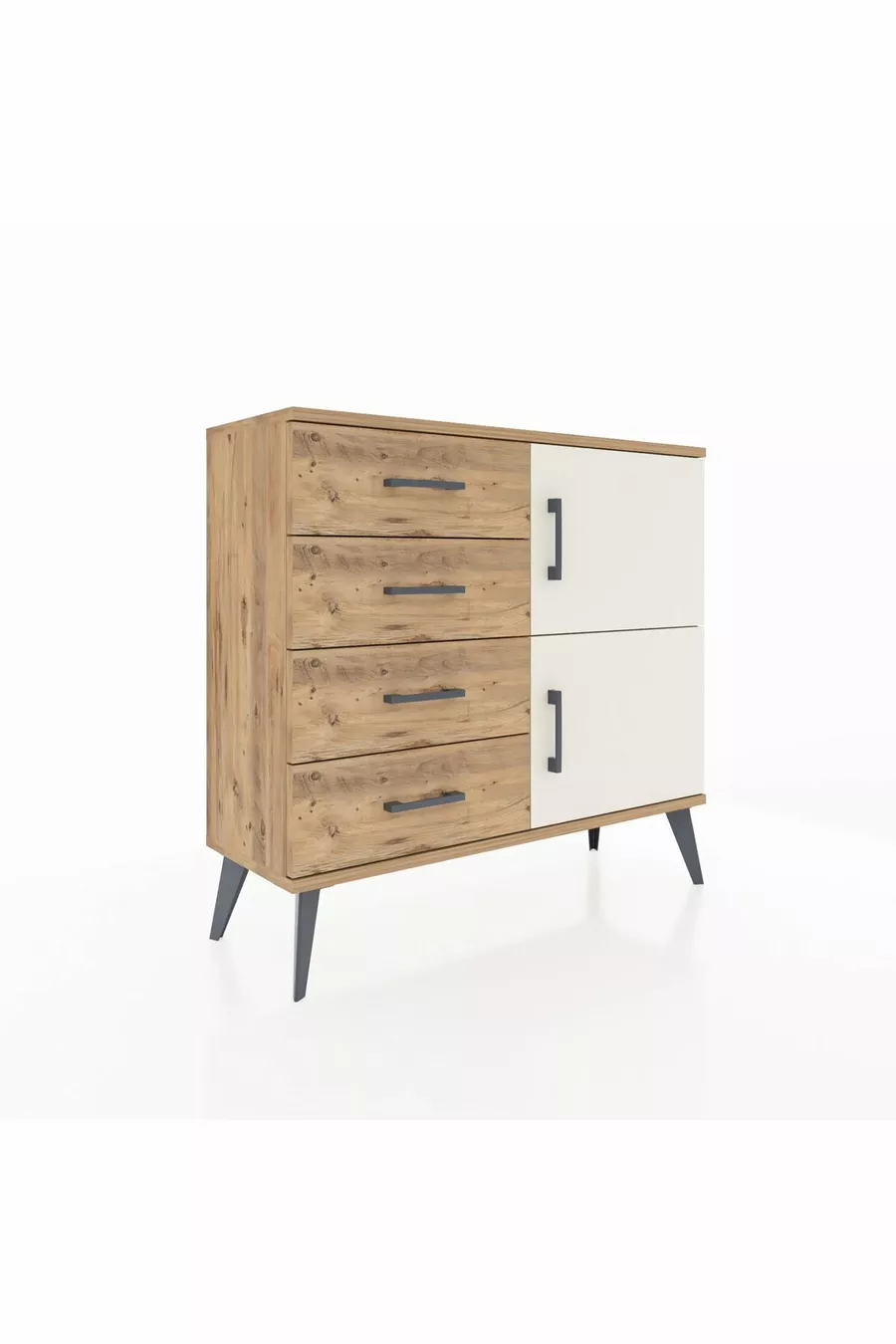 Commode Arges avec une seule étagère, 4 tiroirs et 2 portes, Pin-Pierre d'argile/Pin