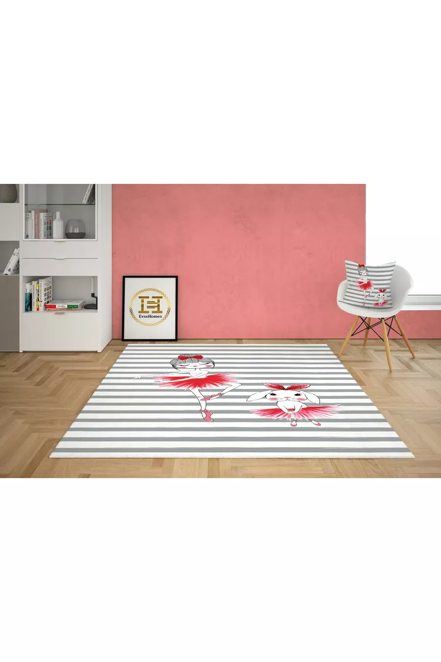 Ensemble Chambre Fille Ballerine à Rayures Grises (Rideau - Couverture de Lit et Coussin - Tapis)