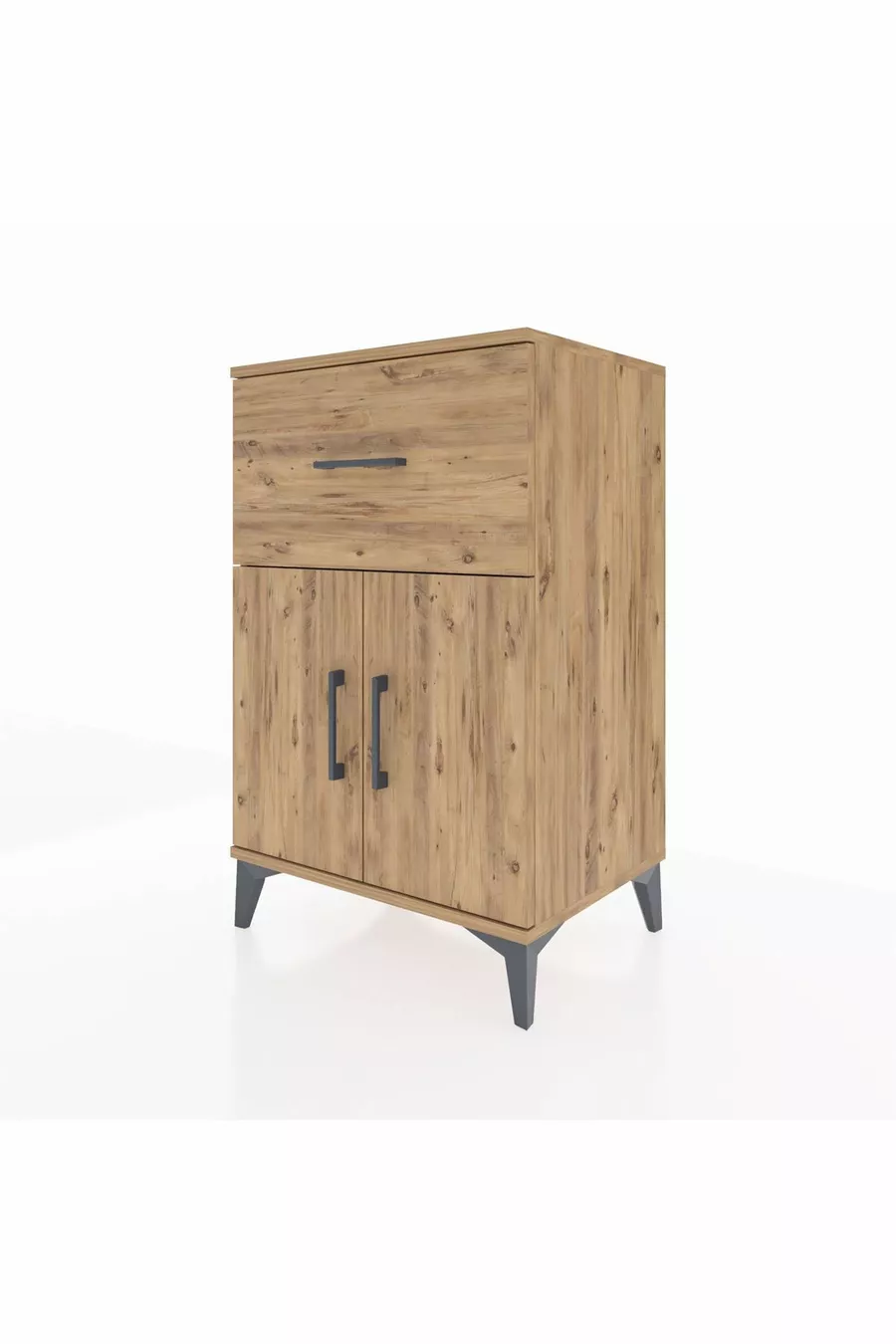 Chevet Hyperion avec une étagère simple, un tiroir et deux portes, en pin