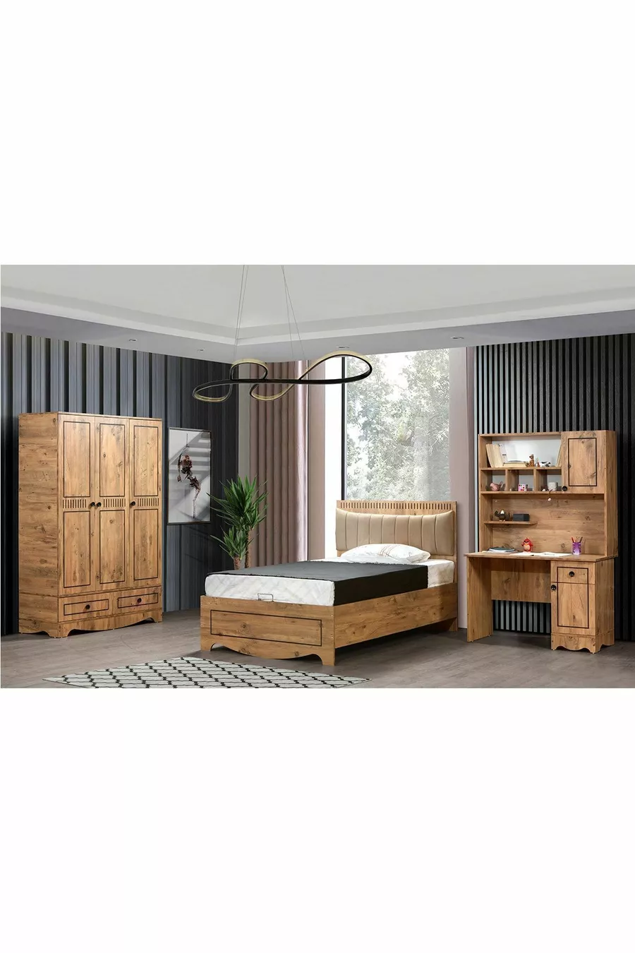 Chambre Jeune Fille Papatya - Armoire 3 Portes, Lit avec Sommier, Bureau - 