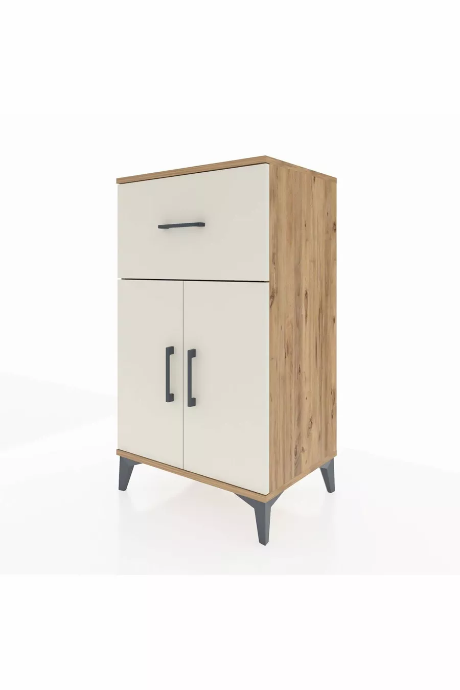 Chevet Hyperion avec une étagère simple, un tiroir et deux portes, en pin et travertin