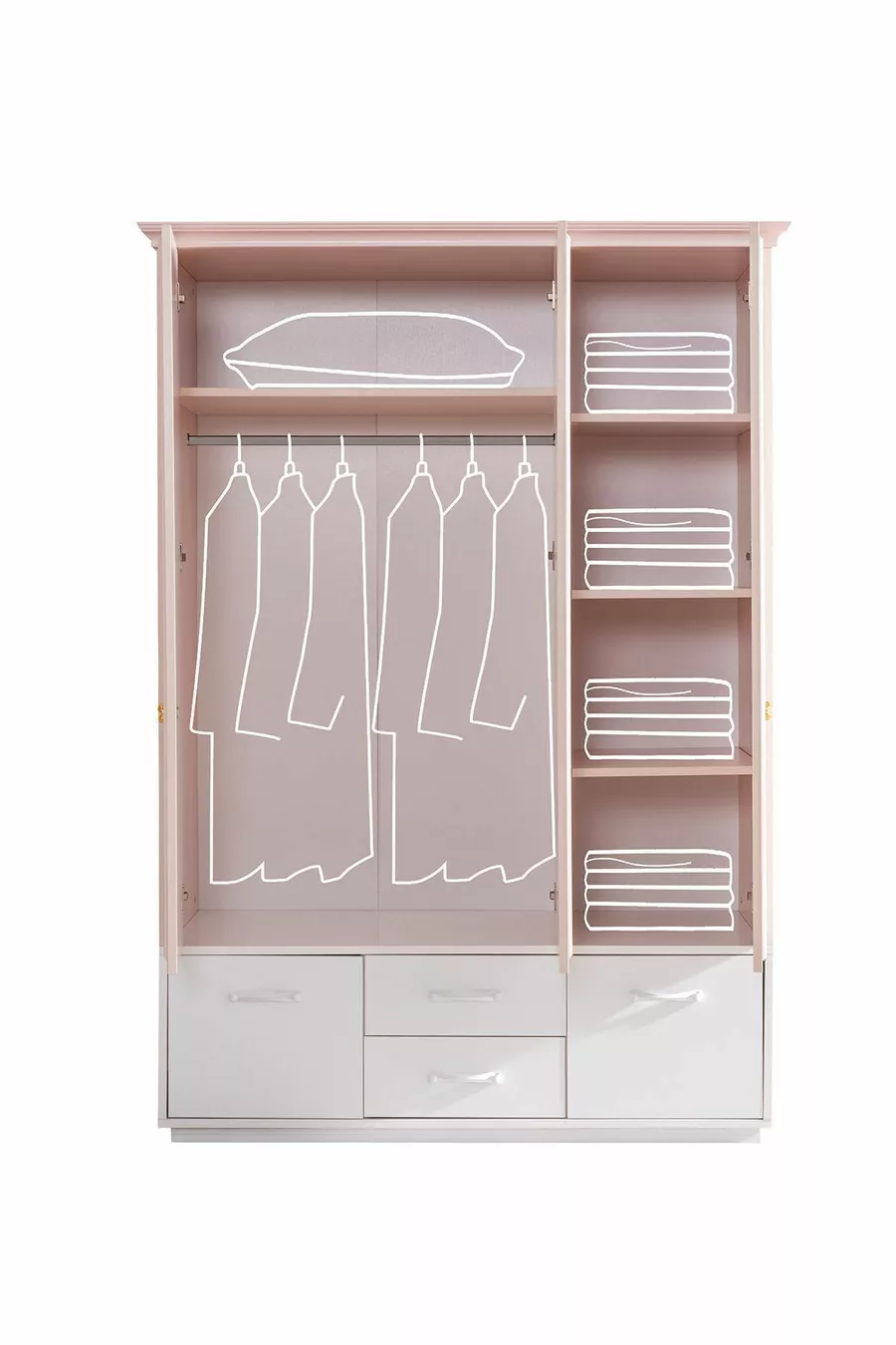 Chambre d'enfant Rosa - Armoire à 3 portes, Lit, Table de chevet, Bureau, Commode