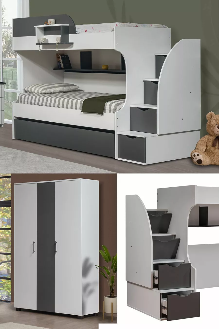 Lits superposés, Armoire pour lits superposés Aura avec 3 portes - Gris