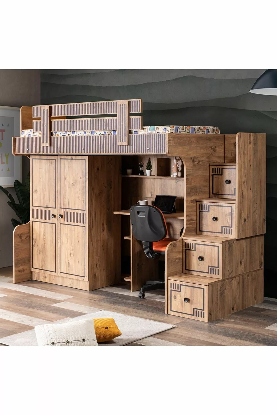 Lits superposés, lit superposé naturel, armoire, bureau