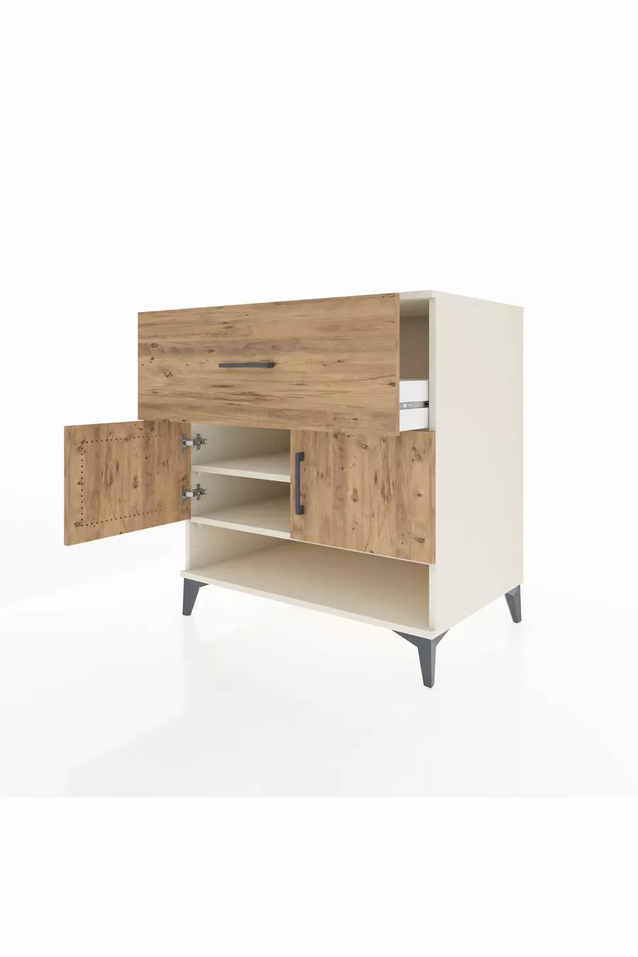 Commode Kronos avec 2 étagères, 1 tiroir et 2 portes, Pierre de Lune-Sapin