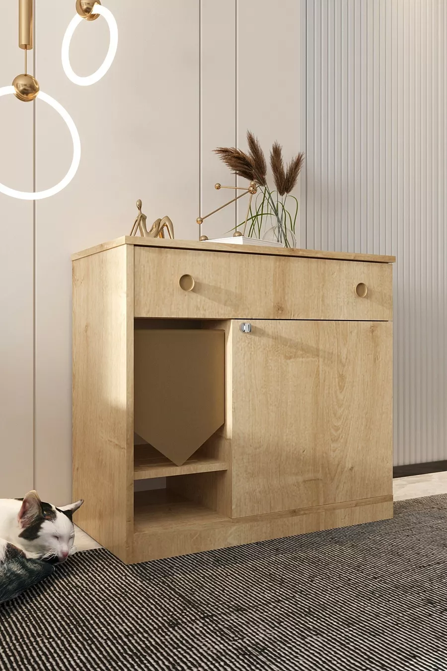 Litière pour chat en bois MONA avec tiroir - couvercle verrouillable - tissu inclus - bac à litière non inclus - CHÊNE SAPHIR