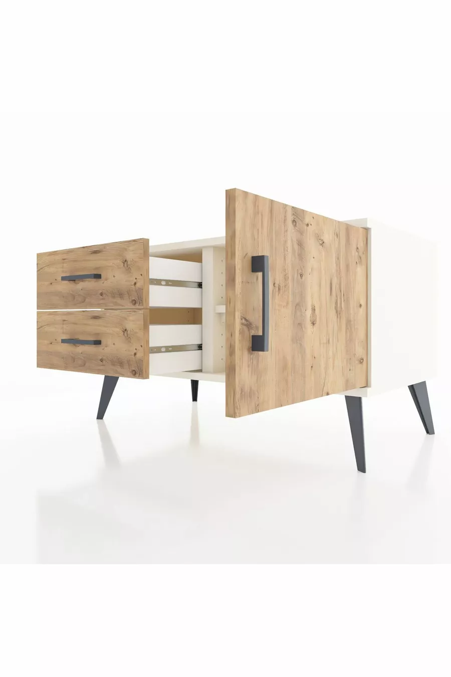 Commode Hyperion à une étagère, 2 tiroirs, 1 porte, Pierre de Lune-Pin