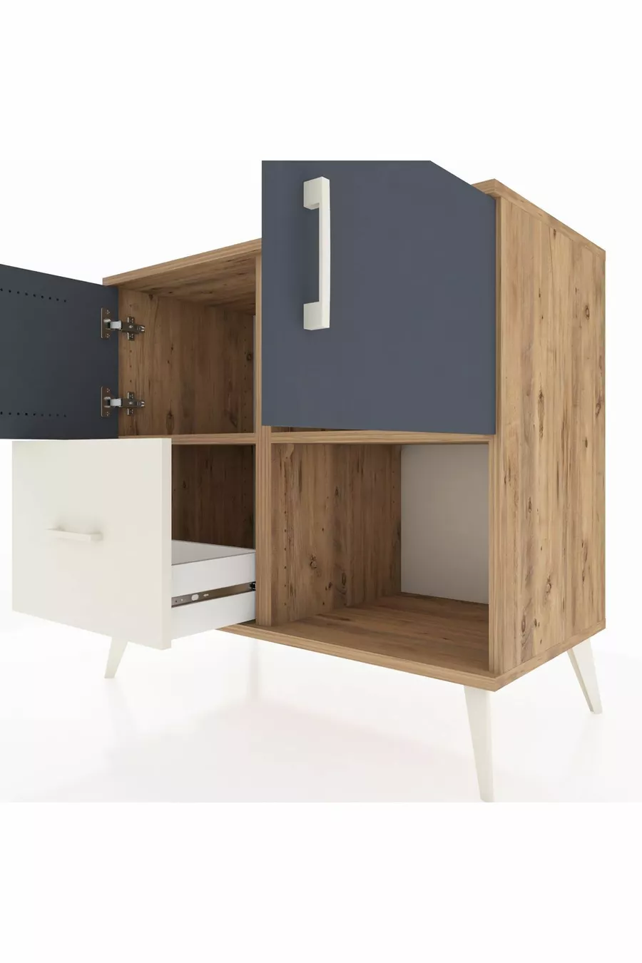 Commode Hyperion avec 2 étagères, 1 tiroir et 2 portes, Pin-Anthracite/Pierre de lune