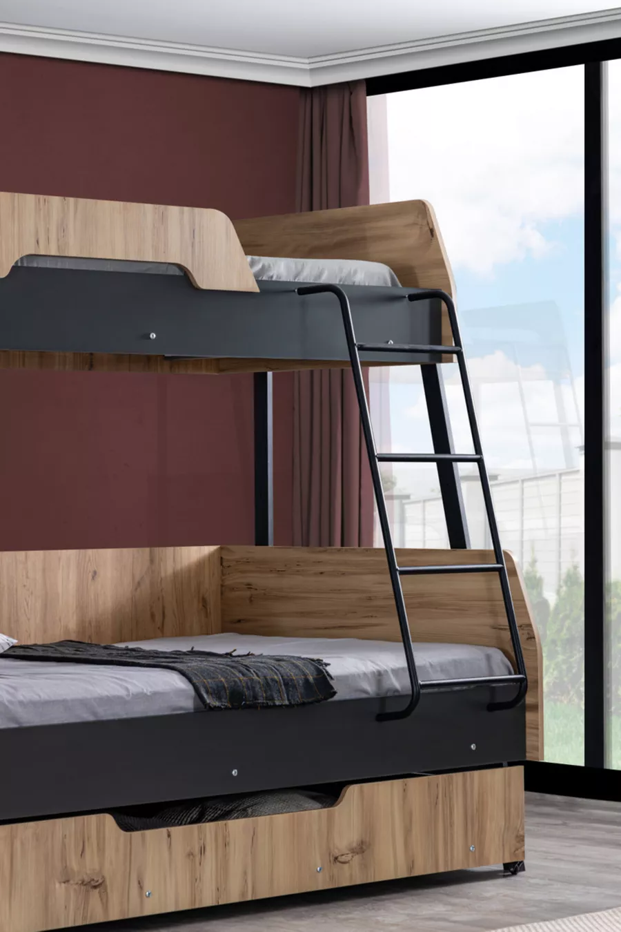 Lit superposé, Lit superposé Alba avec large tiroir, cm - cm - Noyer-Anthracite + 2 matelas confort