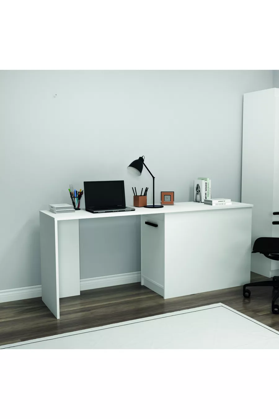Chambre Jeune Akser Ensemble 4 pièces – Blanc (Bureau, Lit, Armoire, Étagère murale)