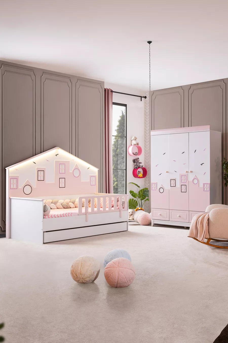 Chambre d'enfant Montessori - Armoire 3 portes City Montessori, Lit superposé - Rose