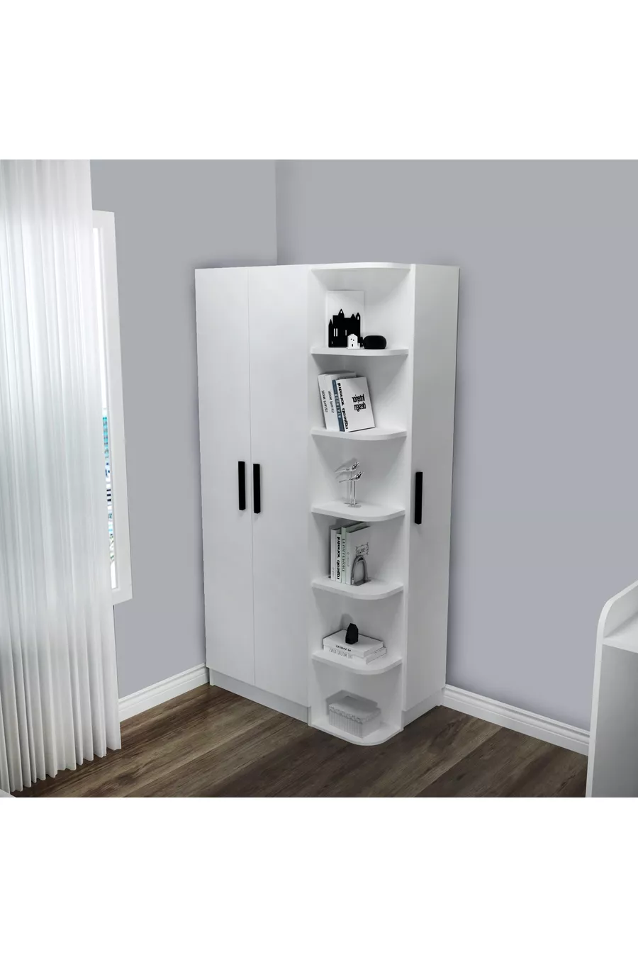 Chambre d'adolescent Luses Ensemble 4 pièces Bureau blanc-Armoire-Table de chevet-Lit - Luses
