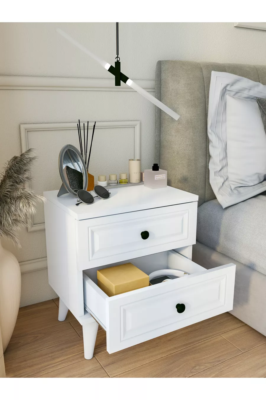 Table de chevet blanche brillante avec tiroirs de style campagne pour chambre à coucher