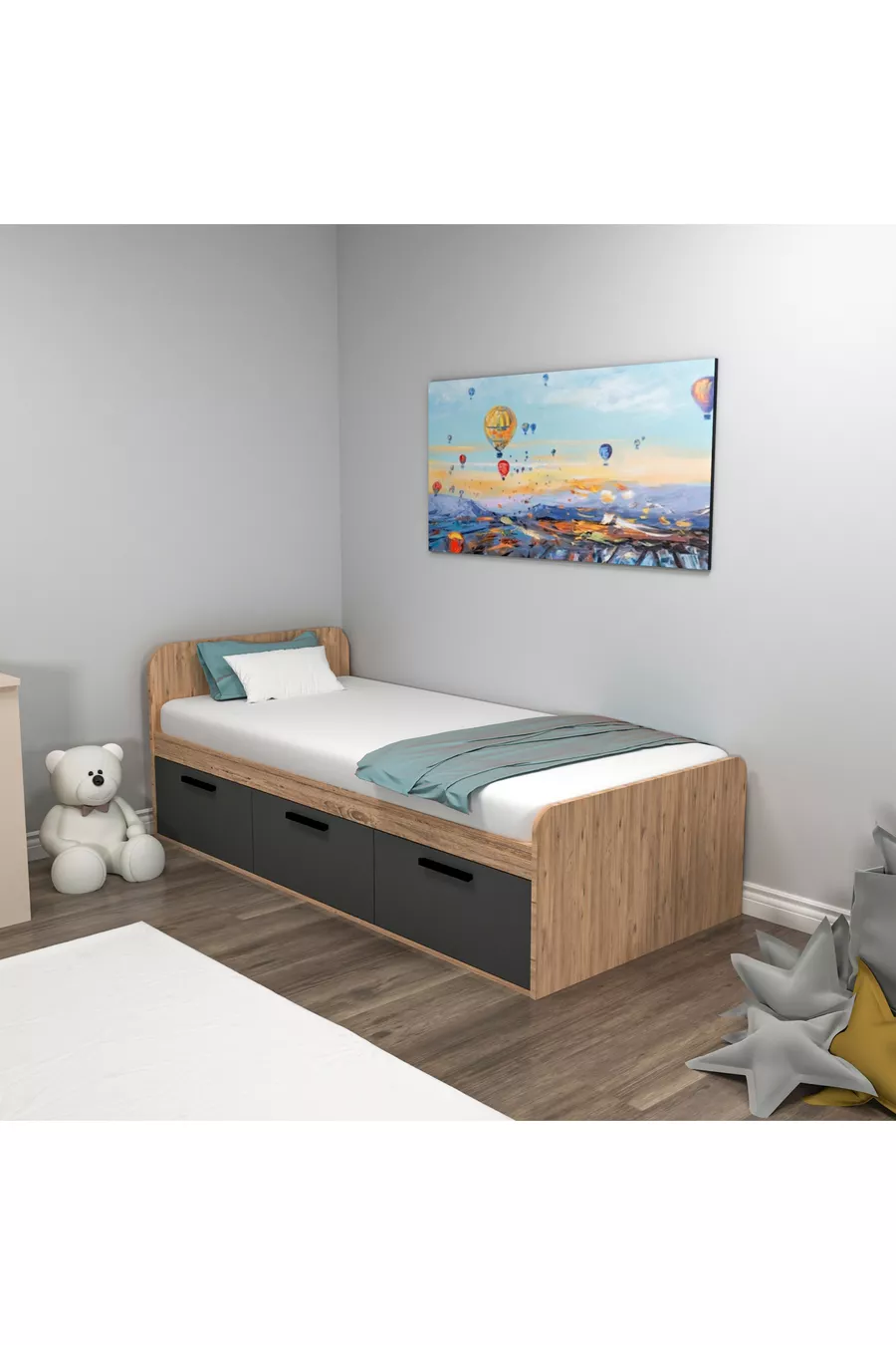 Chambre Jeune Akser Ensemble 4 pièces – Pin Atlantique Anthracite (Bureau, Lit, Armoire, Étagère Murale)