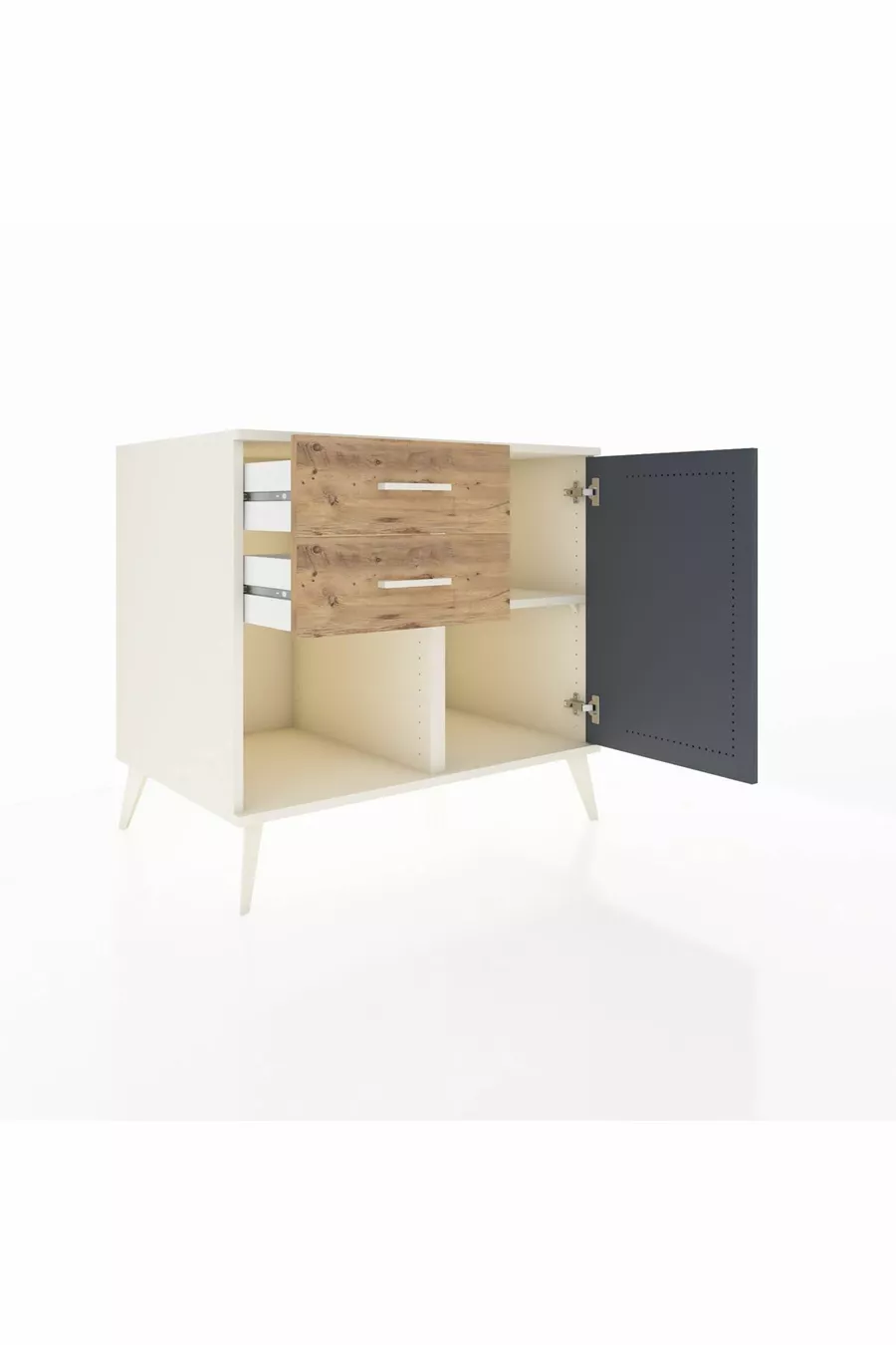 Commode Kronos à une étagère, 2 tiroirs et une porte, Pierre de Lune-Anthracite/Pins