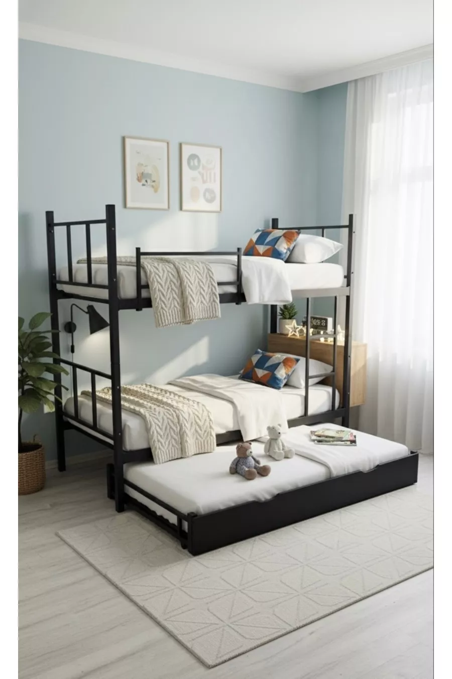 Lit superposé moderne avec étoiles, compatible avec lit, pour 3 personnes, lit superposé en métal noir