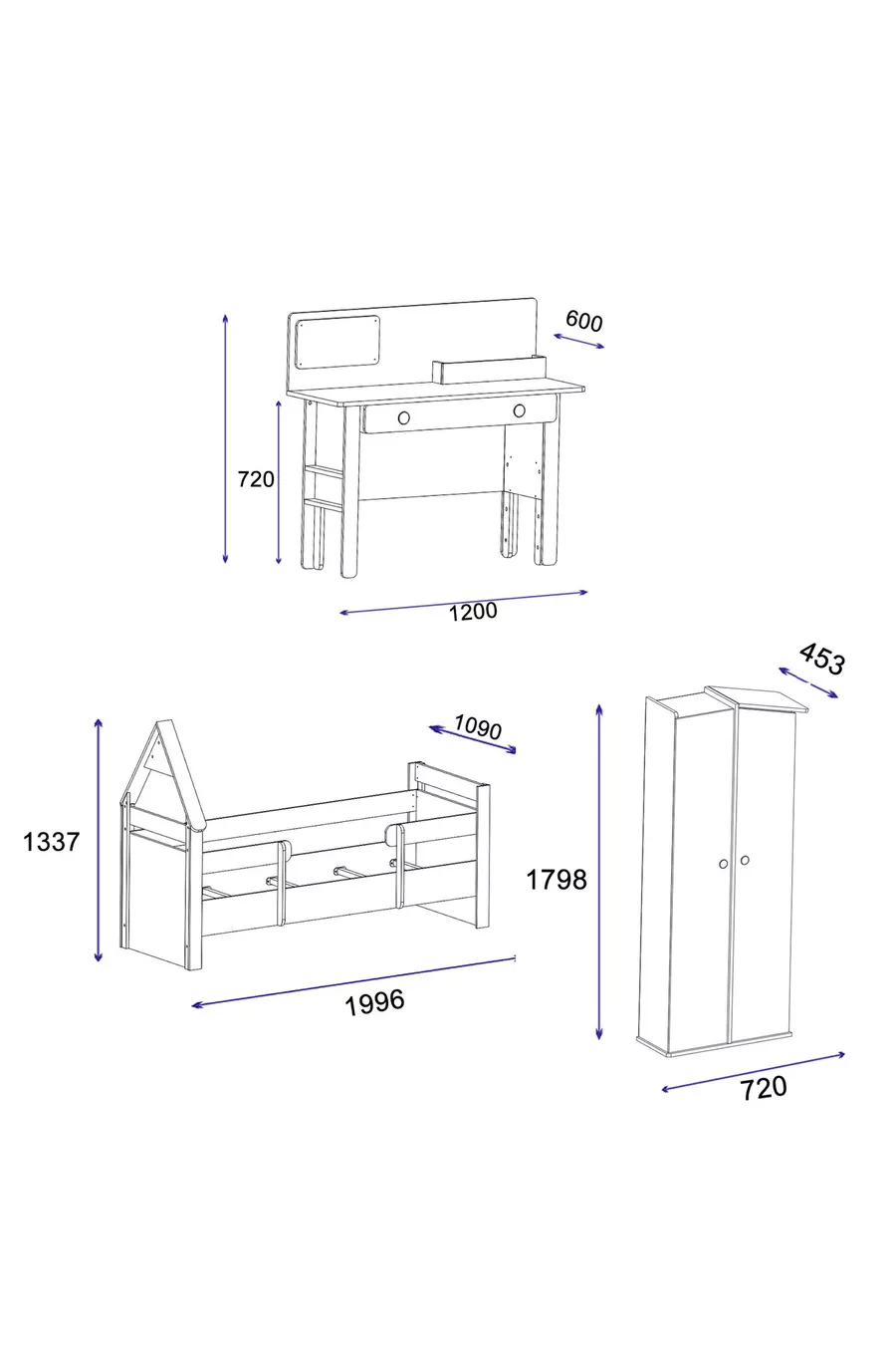 Ensemble de chambre d'enfant Valerin en pin Atlantique anthracite - Bureau, Lit, Bibliothèque, Armoire, Table de chevet