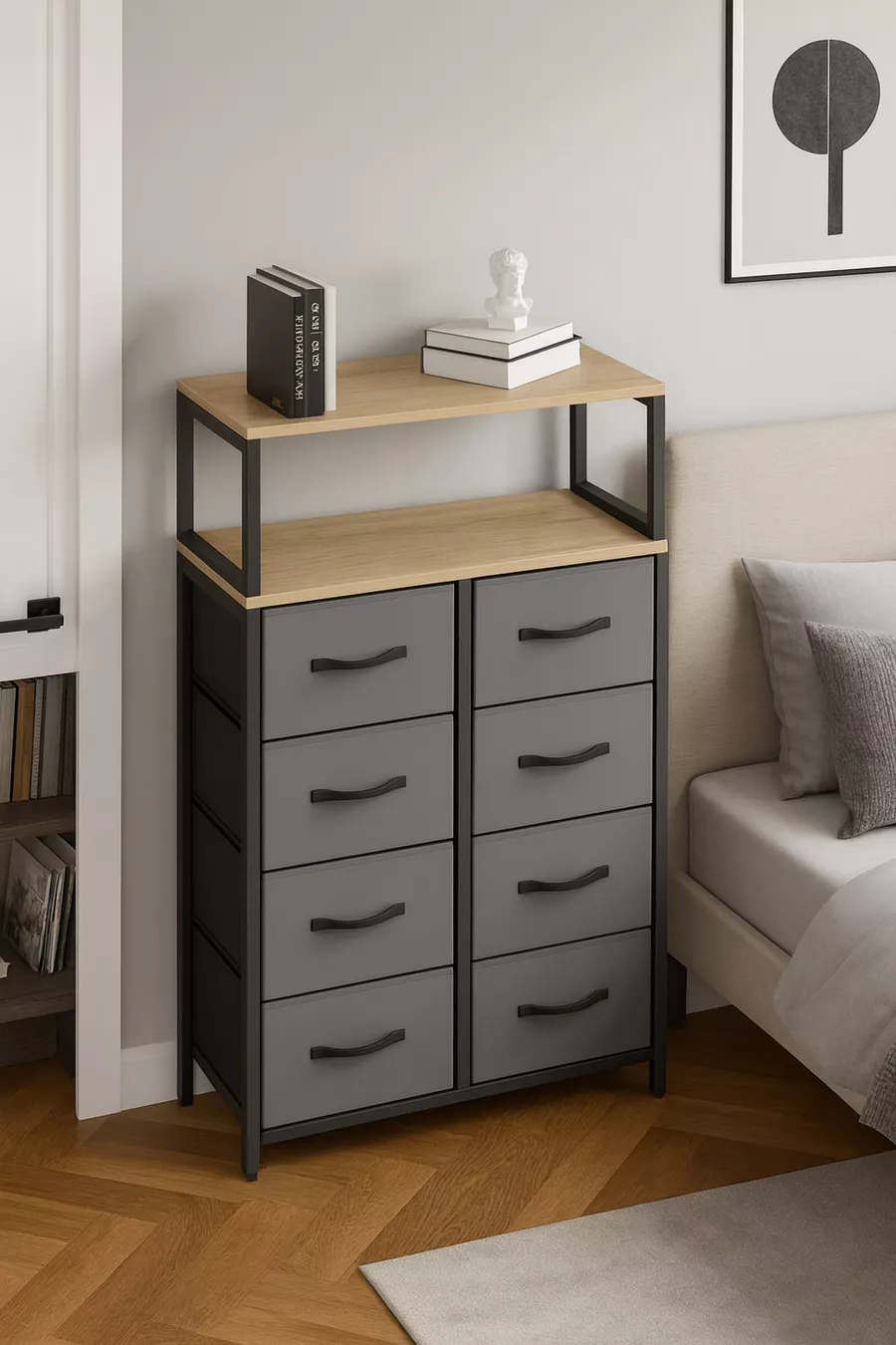 Commode à 2 étagères et 8 tiroirs pour chambre à coucher ou chambre d'enfant, organiseur en cuir avec tiroirs