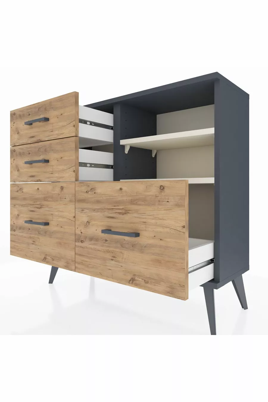 Commode Arges 2 étagères 4 tiroirs Anthracite-Pierre de lune/Merisiers