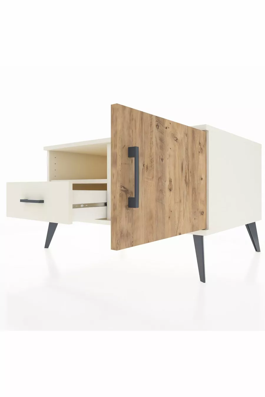 Commode Kronos avec 2 étagères, 1 tiroir et 1 porte, couleur Pierre de lune/Pin