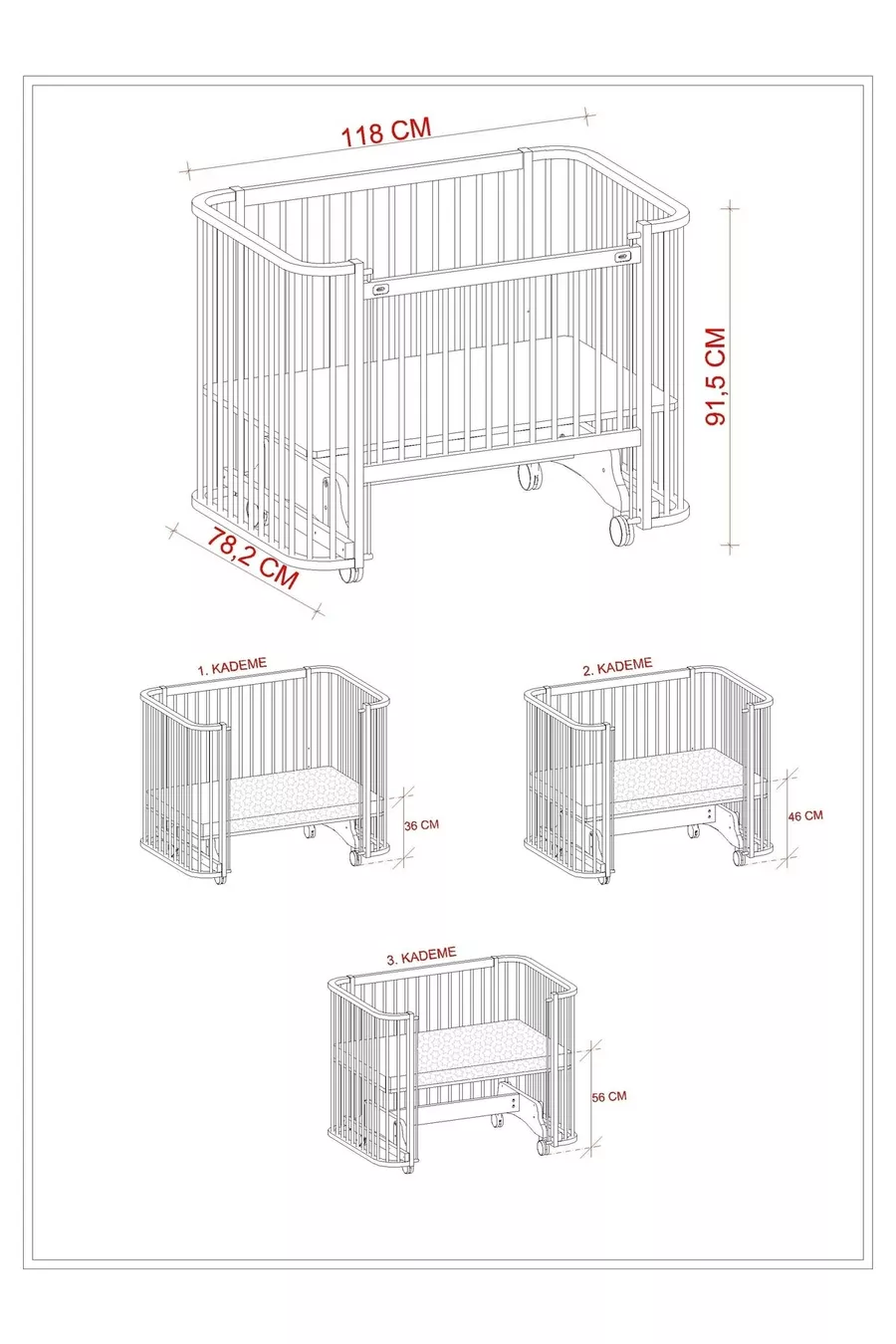 Berceau à bascule en bois Bambino Anne Yanı cm (blanc-crème)
