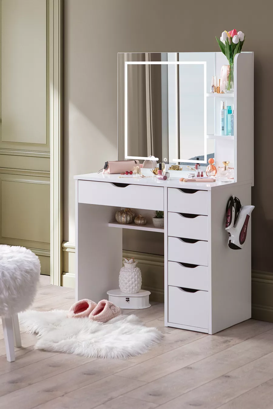Coiffeuse Miroir Tactile à LED avec 6 Tiroirs, Niveau de Lumière Réglable Diva, Blanche