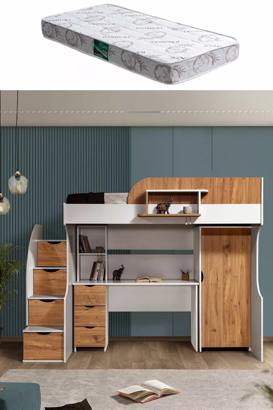 Lit superposé, lit superposé avec armoire et bureau, blanc-noix foncé, 1 matelas Comfort