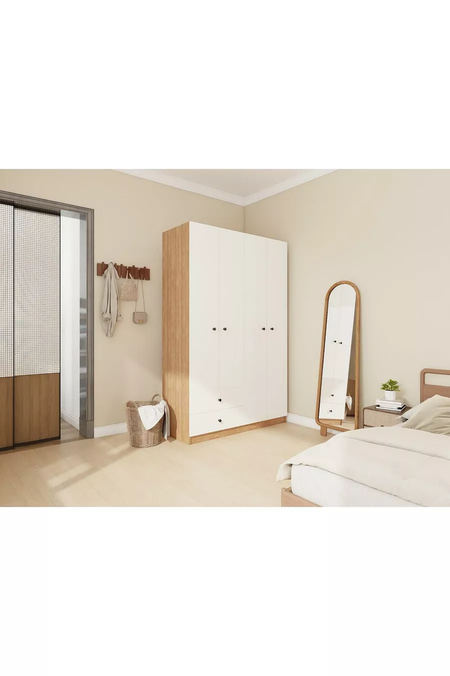 Armoire Marbella à 4 portes et 2 tiroirs, couleur Cerisier/Blanc