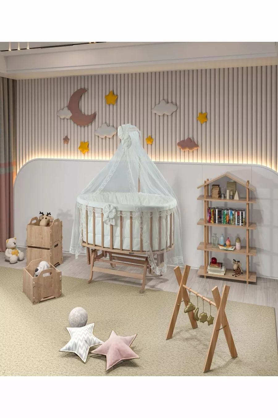 Berceau Amedan Beige avec Parure de Lit en Dentelle Française en Bois Massif