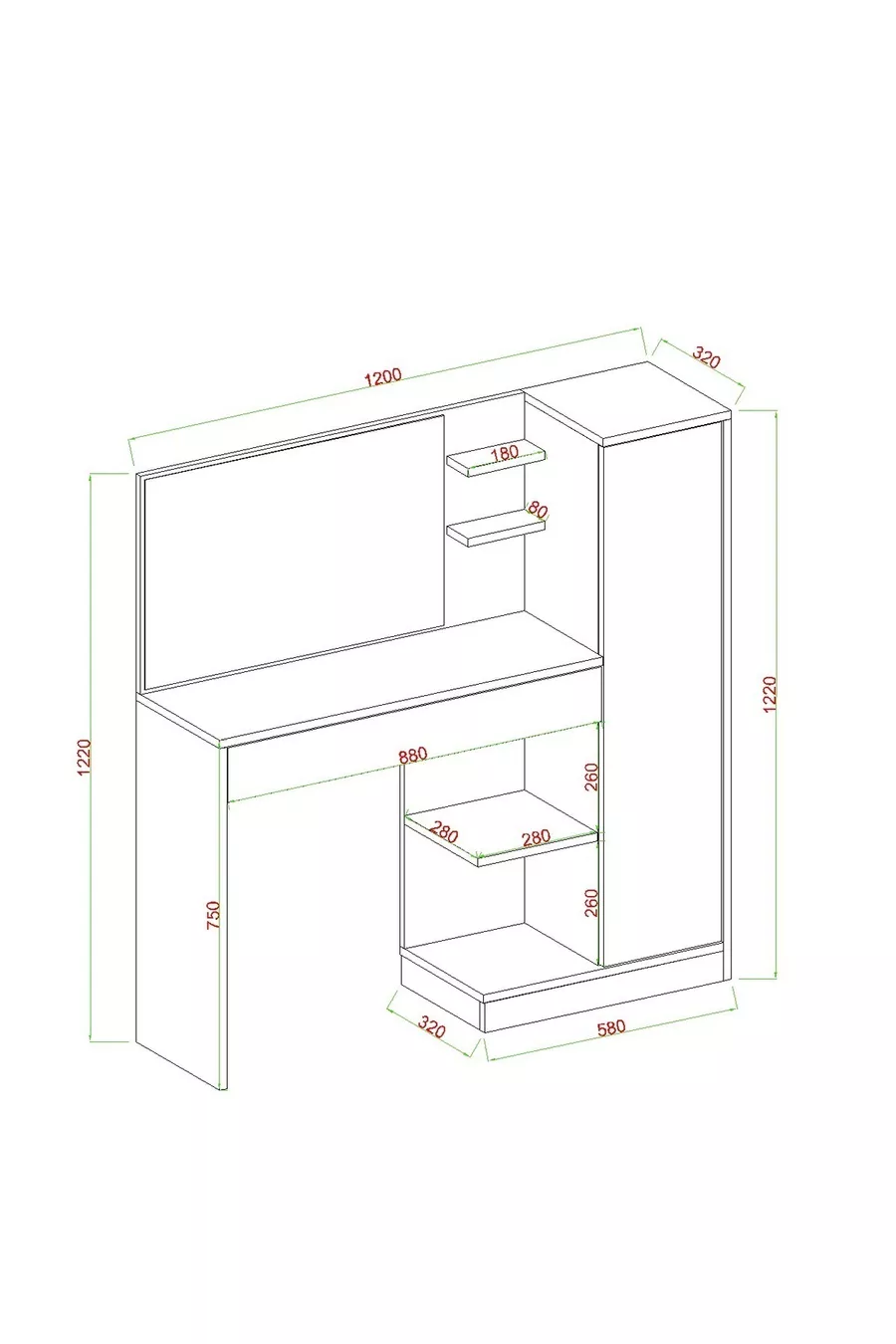 Coiffeuse Orchidée, 1 tiroir, avec armoire et miroir