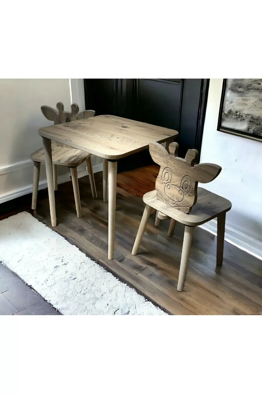 Ensemble table et chaises pour enfants en pin Zürafa, table d'activités, table de travail, 1 table et 2 chaises