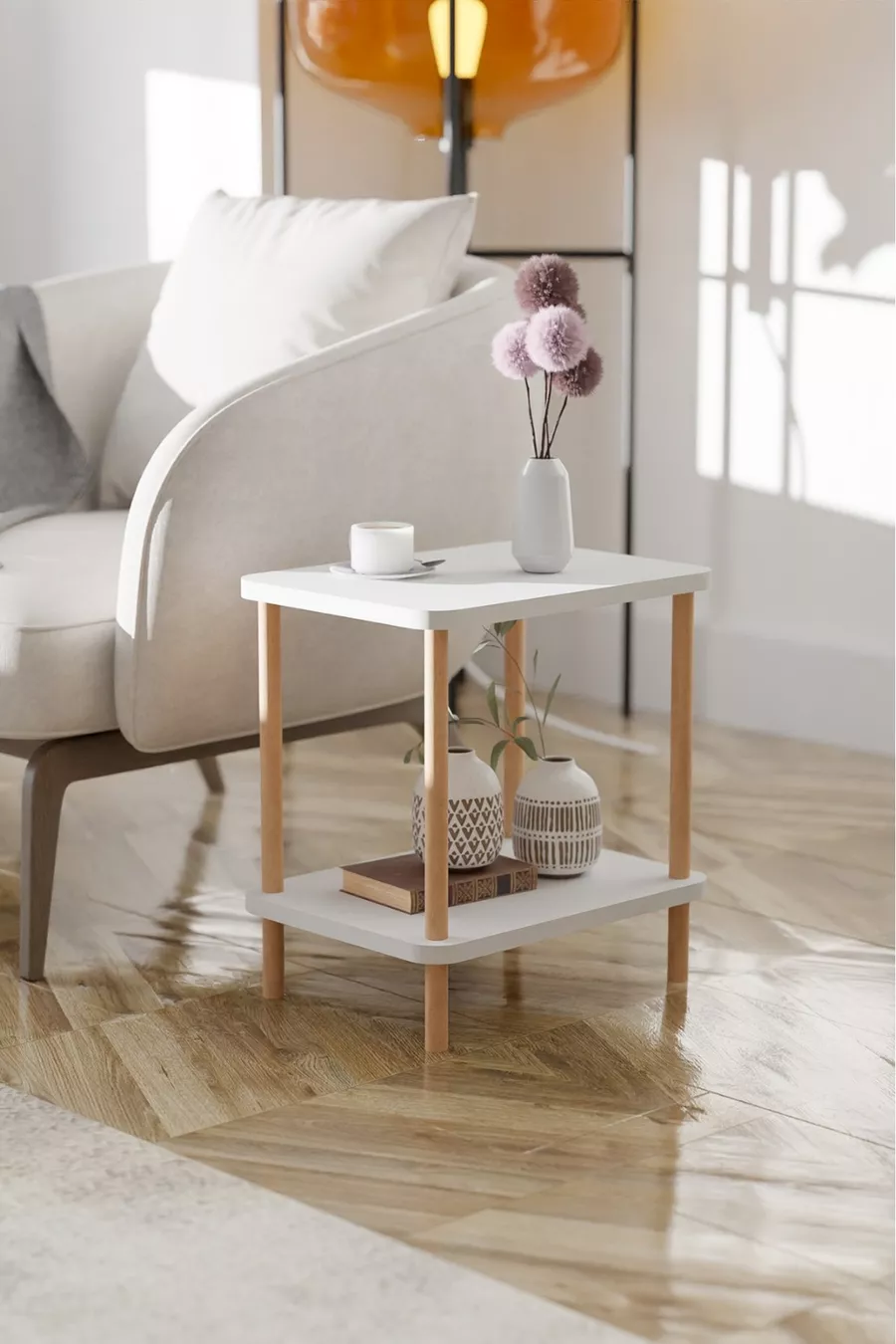 Table d'appoint latérale à 2 étagères avec large porte-journaux, bibliothèque, support pour fleurs, table de chevet, table de chevet polyvalente
