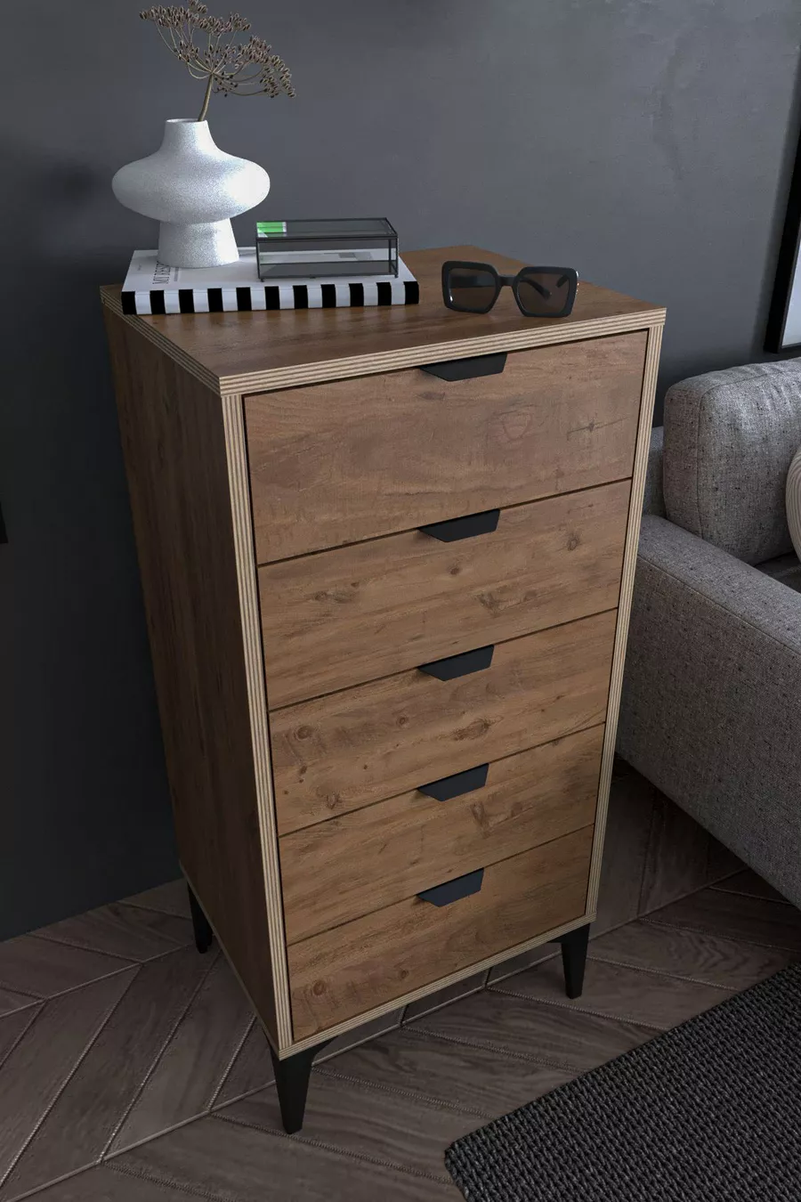 Commode Arden 5 tiroirs, panier à linge