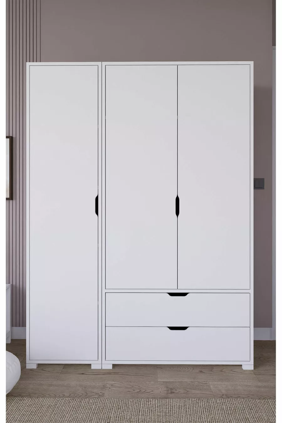 Armoire à vêtements Duru Mat Blanc à 3 portes et 2 tiroirs - Ensemble de garde-robe