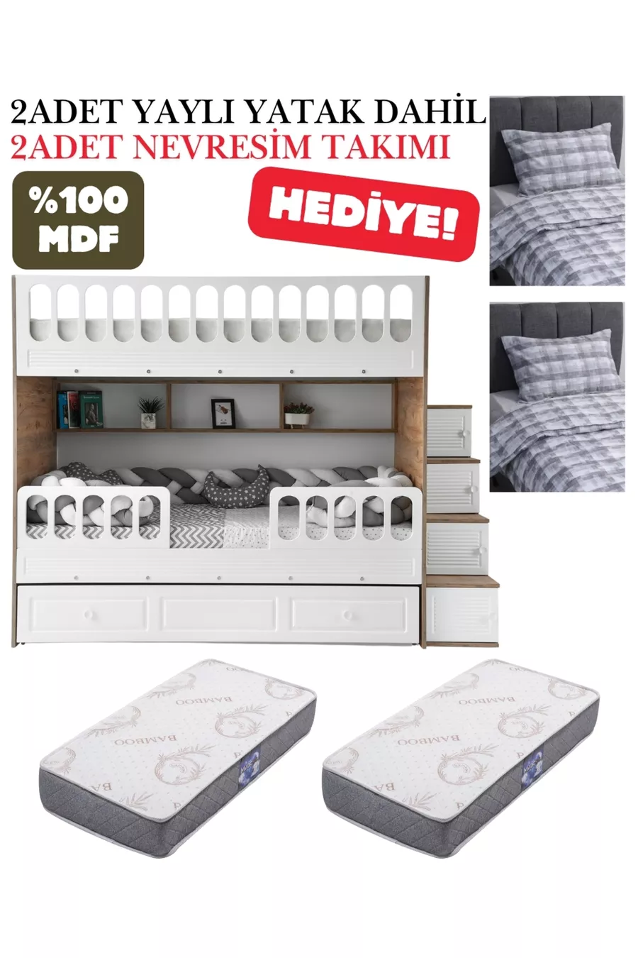 Lit superposé avec volets / MDF  à 100% / 2 matelas à ressorts en bambou / 2 ensembles de literie offerts