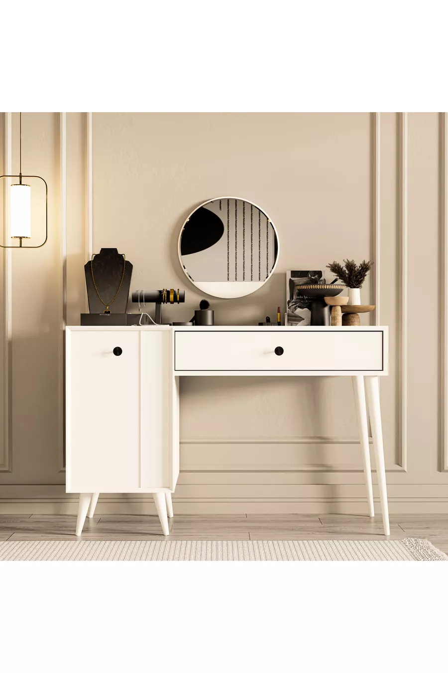 LOVE MIROIR (SUR PIED EN BOIS) TABLE DE MAQUILLAGE AVEC TIROIRS - AVEC PORTES EN MDF BLANC CM